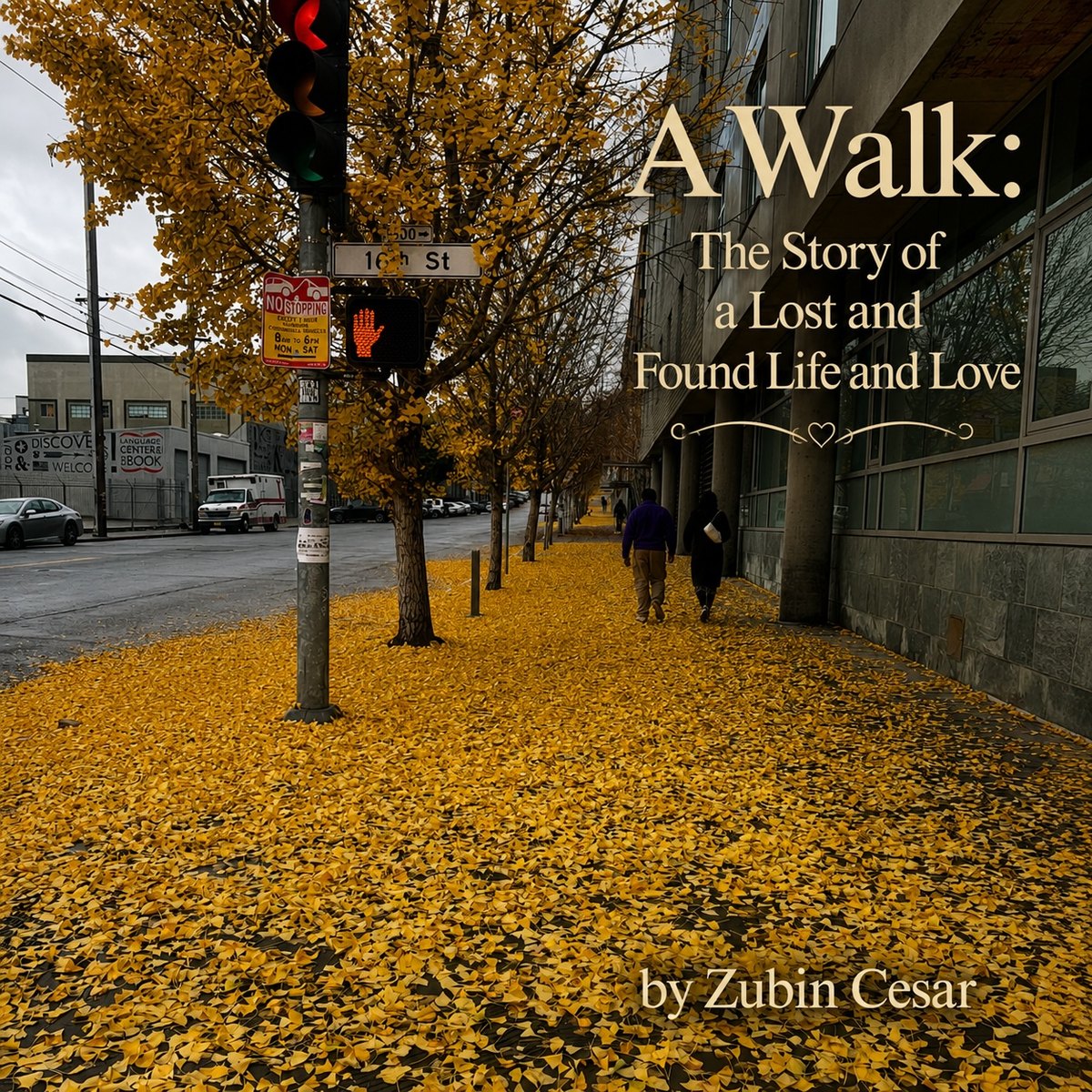 Cover of A Walk — yellow ginkgo leaves covering a San Francisco sidewalk, two figures walking away.